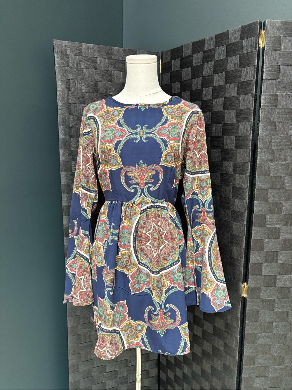 Rush Boho babydoll Navy Paisley Bell Long-Sleeve Knee Length Mini Dress
